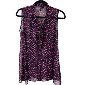 Love Always Women's SZ M Black Pink Polka Dots Sheer Sleeveless Blouse‎